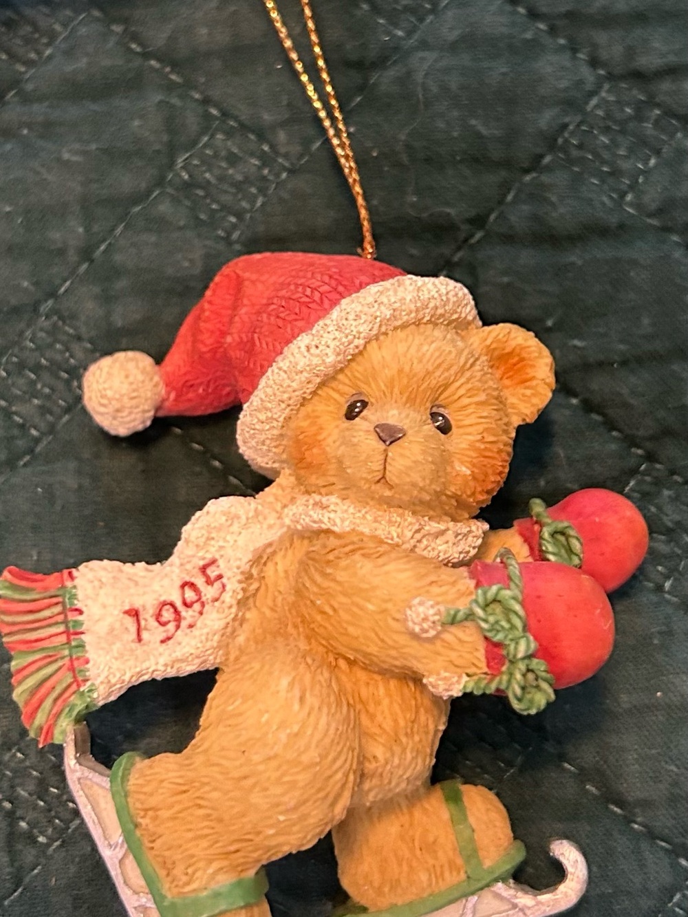 Cherished Teddies Brown Bear Christmas Ornament with Red Hat and Green Accents